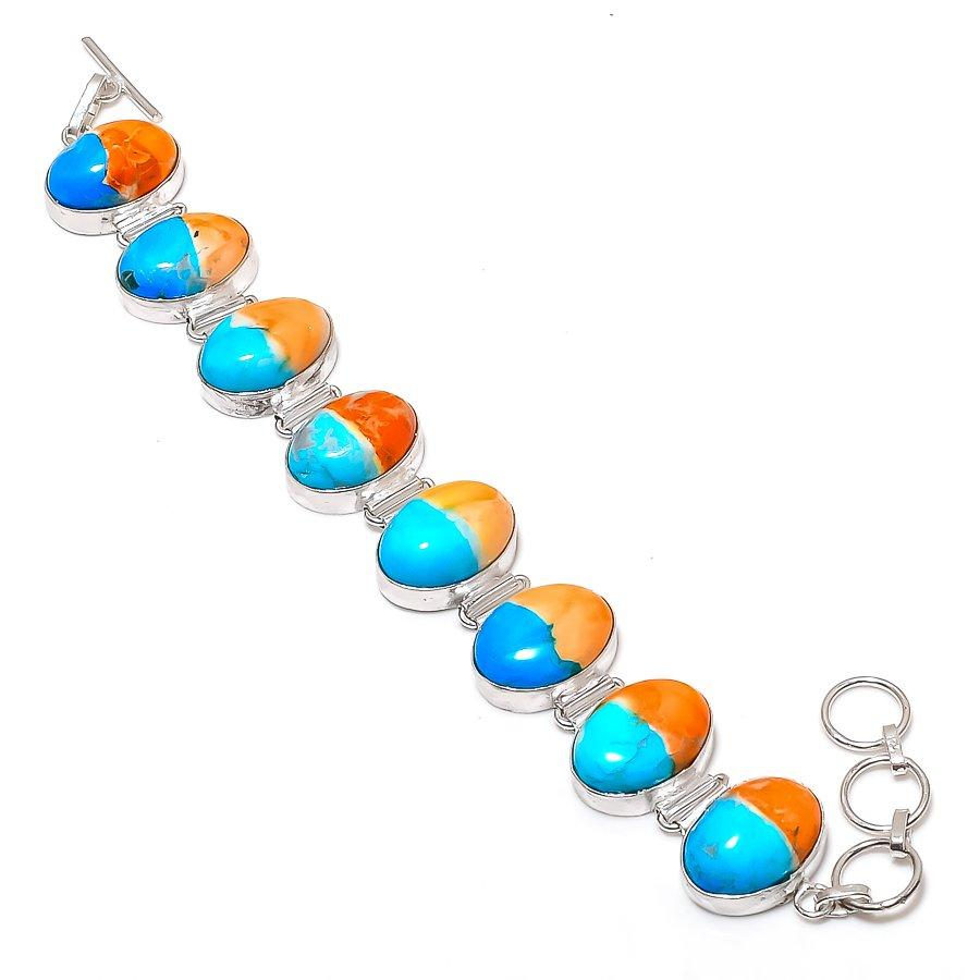 Natural Spiny Oyster Gemstone Handmade 925 Sterling Silver Bracelet 7-8" ETC-14464