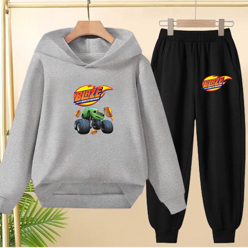 Student Uniform, Hooded Sweatshirt + Long Pants Set, Cartoon Car Pattern, 3 To 13-year-old Boys' and Girls' Sportswear,loose Set