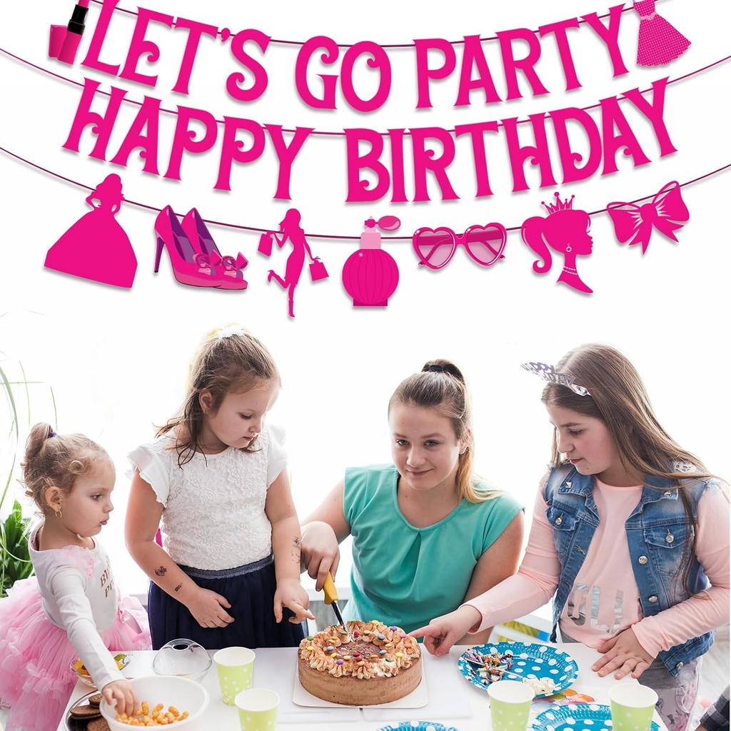 Let's Go Party Happy Birthday Banners for Women, Hot Pink Princess Banners for Girl Doll Theme Party Ladies Birthday, Cute Photo Backdrop, 21st Bday