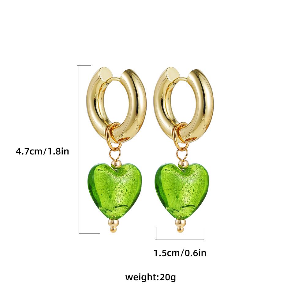 Colorful Glass Heart-shaped Pedant Drop Earrings For Women Stainless Steel Round Circle Hoop Hanging Earring Minimalist Jewelry