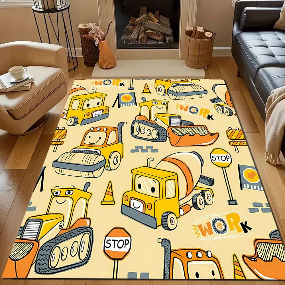 Cute Construction Vehicles Pattern Patterned Carpet, Non Slip Mat Suitable for Living Room and Bedroom Sofas