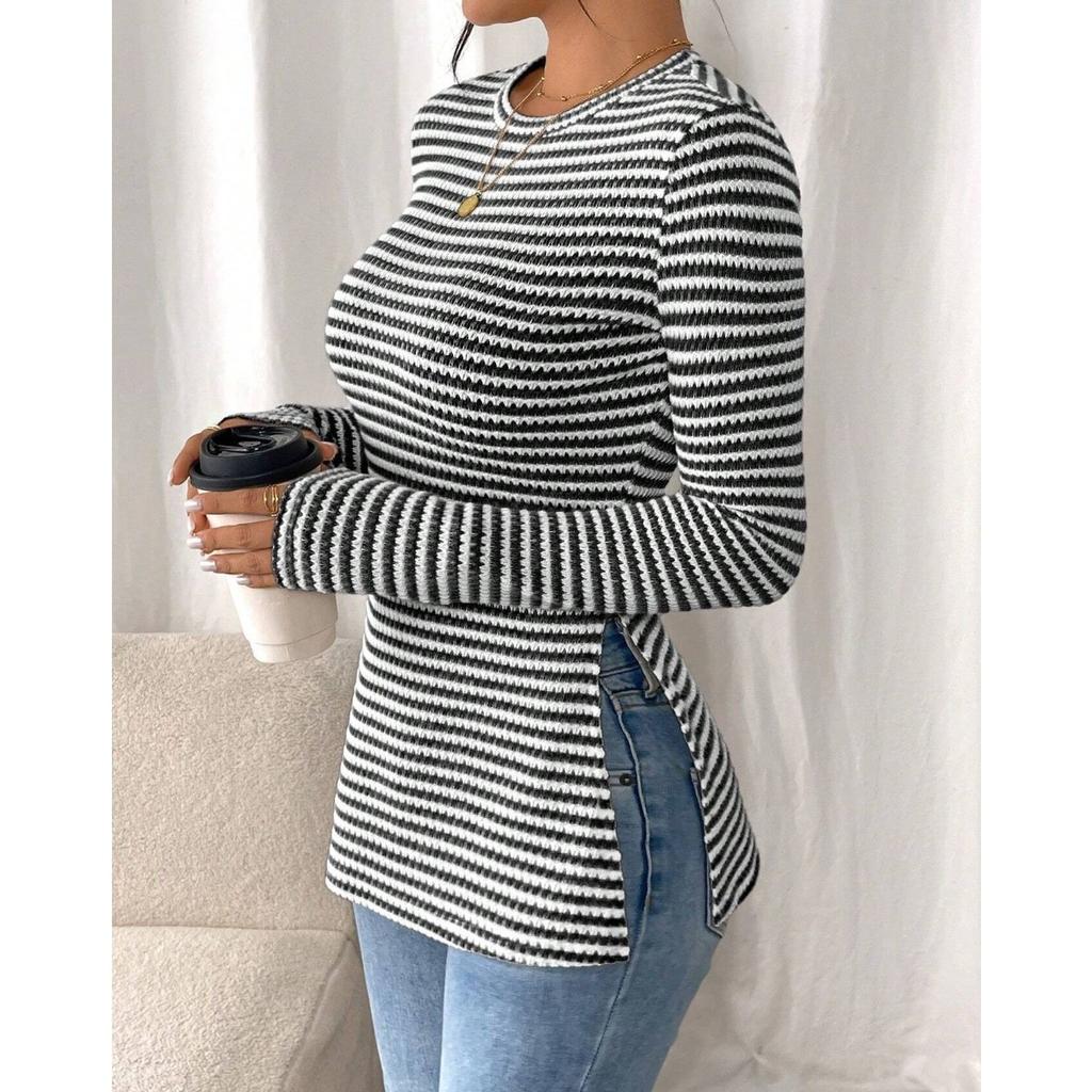 Nowa, swobodna, damska koszula z okrągłym dekoltem i długim rękawem, uniwersalny top z rozcięciem, seksowny T-shirt