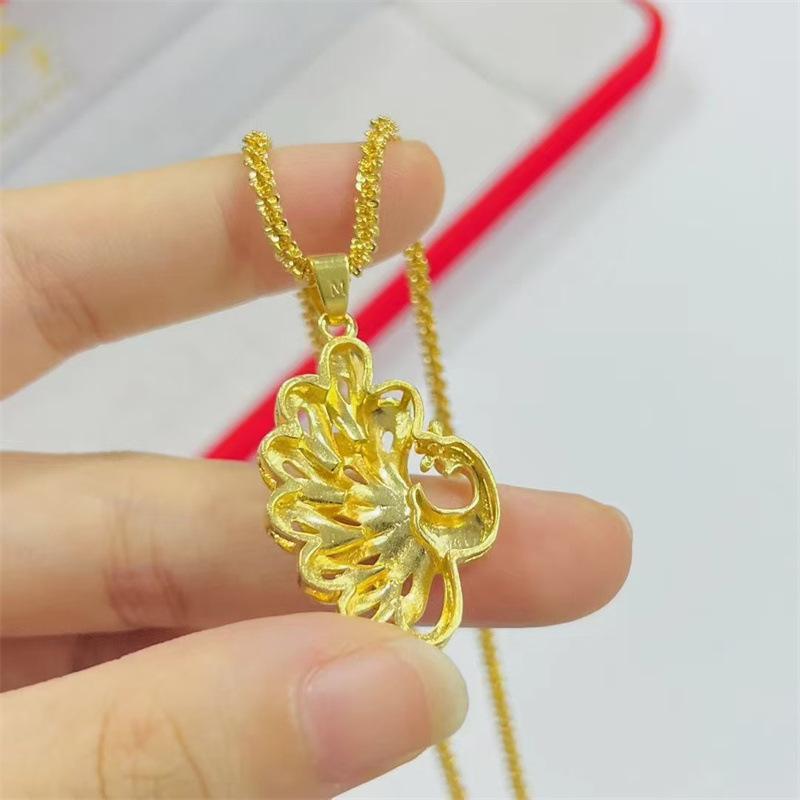 Luxury  Pure Gold Real Gold Women's Peacock Open Screen Pendant Necklace