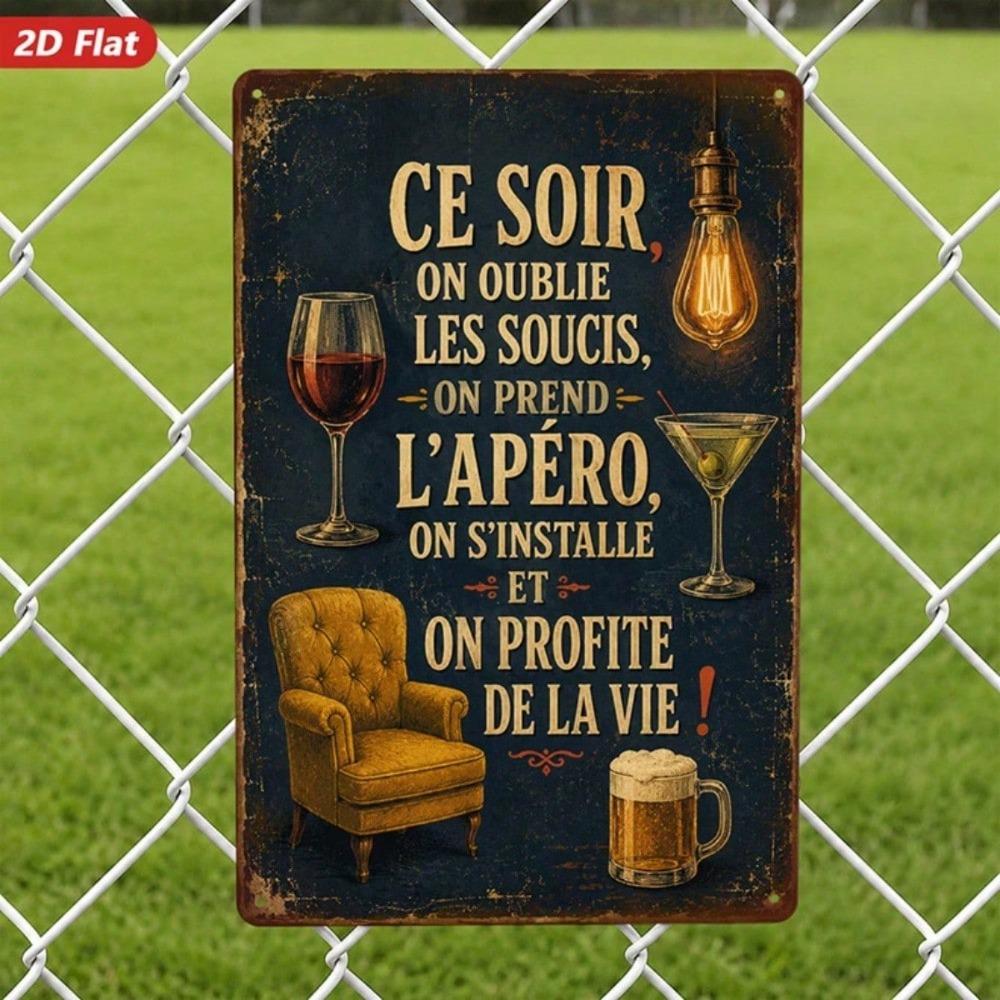 1pc French Aperitif Metal Sign, Ce Soir Aperitif Quote Wall Decor, Martini Cocktail Beer Mug Art for Home Bar Living Room