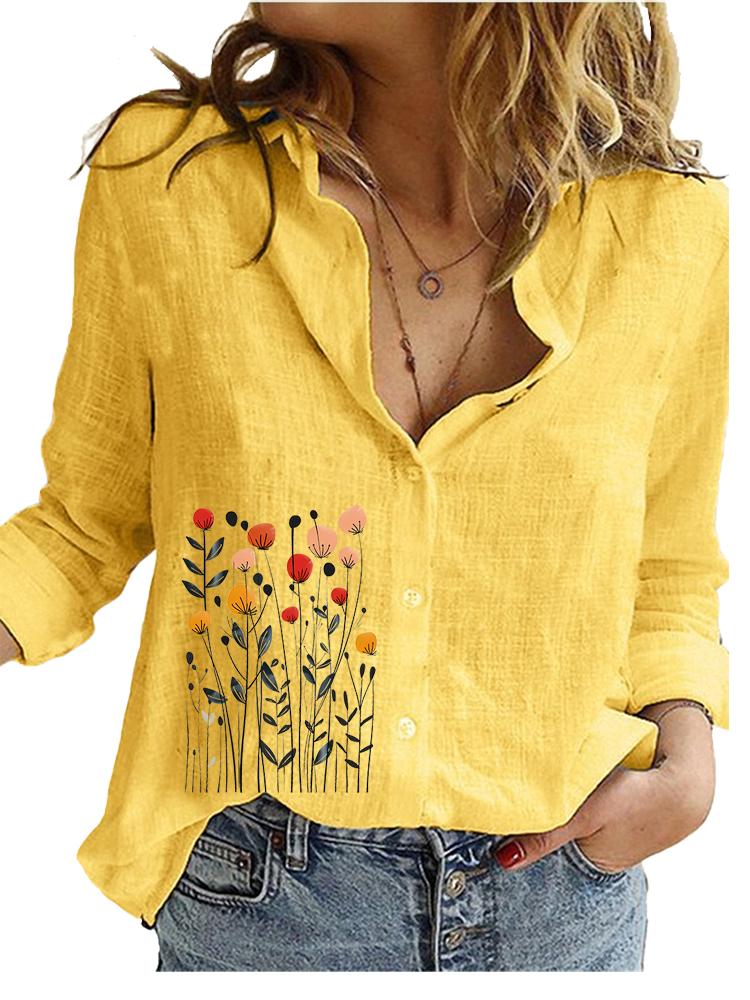 Γυναικείο Μόδας Βαμβακερό Λινό Μπλουζάκι Γυναικείο Casual Φαρδύ Τοπ Γυναικείο με Σχέδια Μακρυμάνικο Πουκάμισο