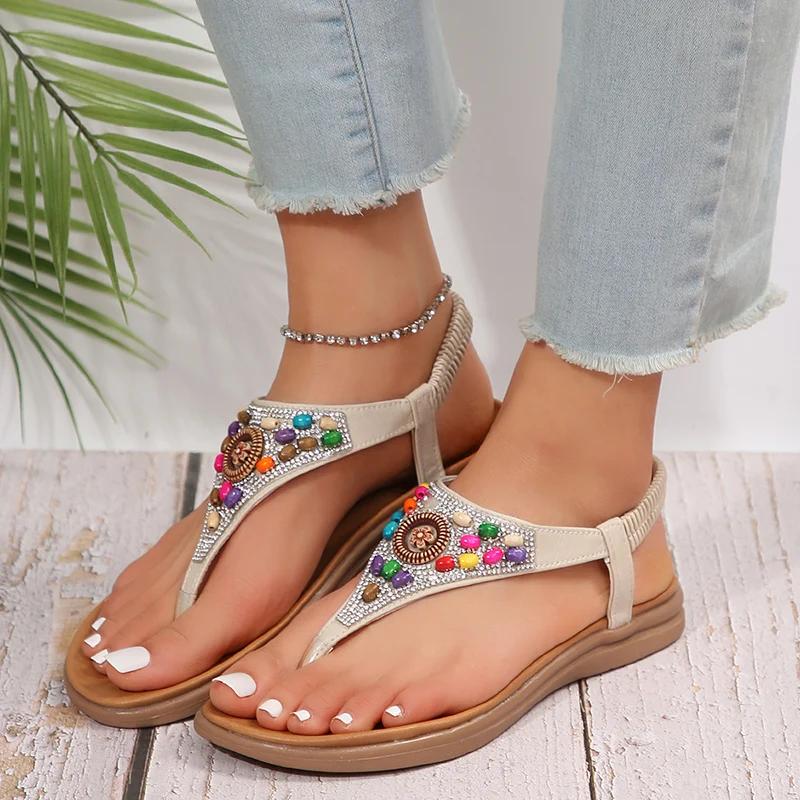 Fashion Mix Color Pearl Bohemian Sandals Women Fashion Clip-Toe Non-Slip Beach Sandals Woman Bling Crystal Flat Heel Rome Sandalias