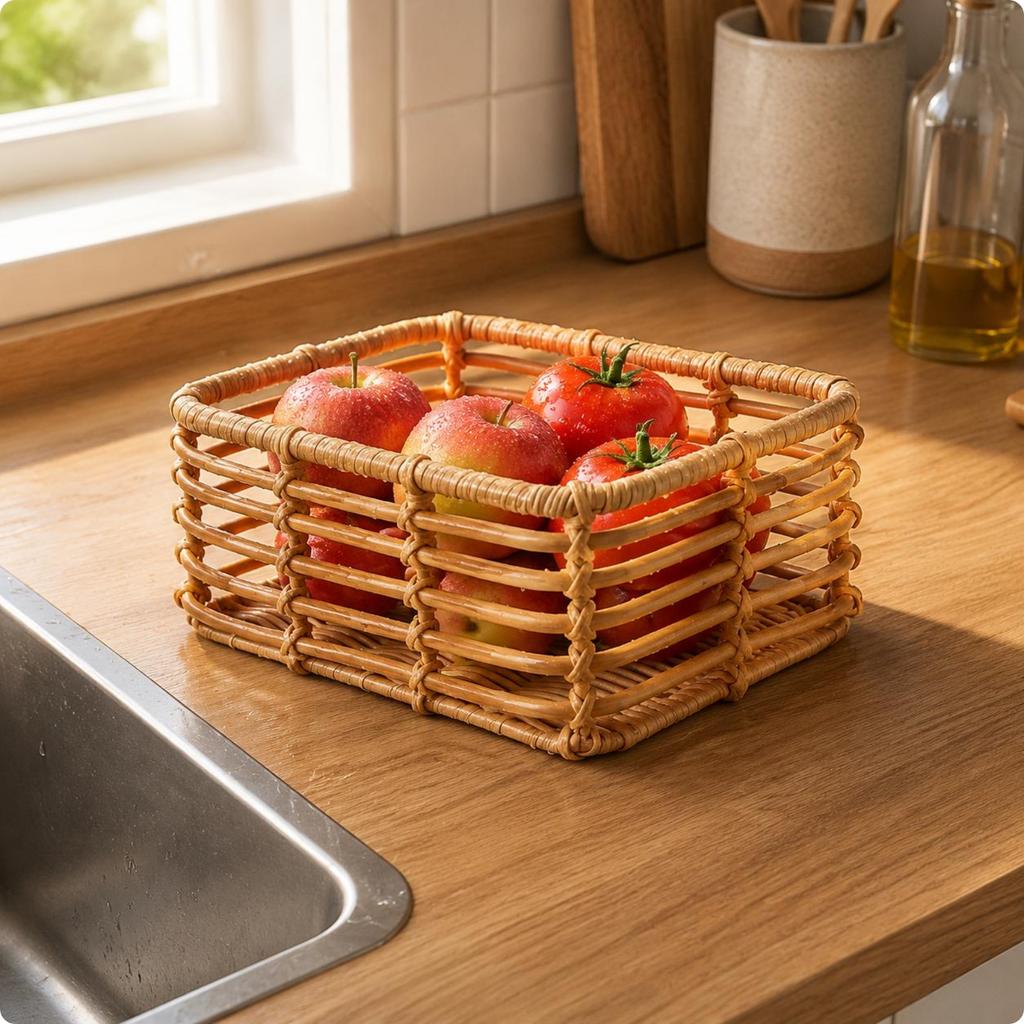 Desktop Fruit Basket Waterproof Woven Storage Basket Organizer Natural Look for Kitchen