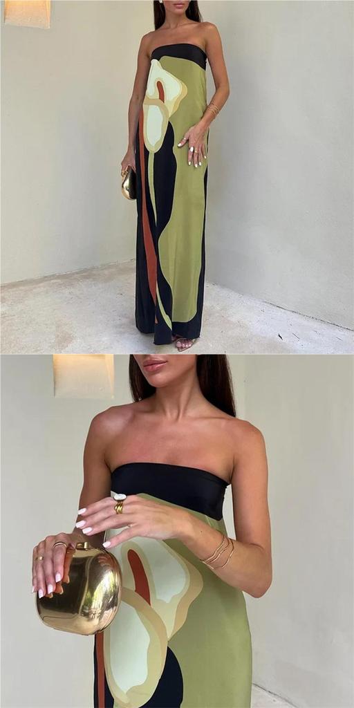 2026 Spring European & American Women's Off-the-Shoulder Sleeveless Backless Printed Dress