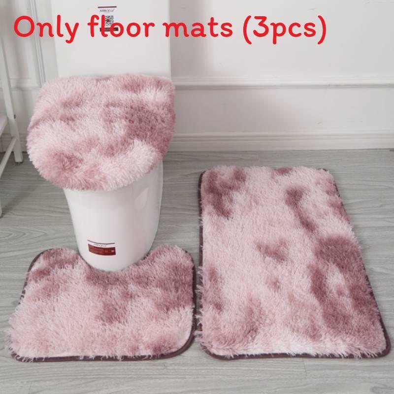 Non Dye Tie Slip Mat Fluffy Plush Bathroom Toilet Seat Cover Carpet 3 Piece Set