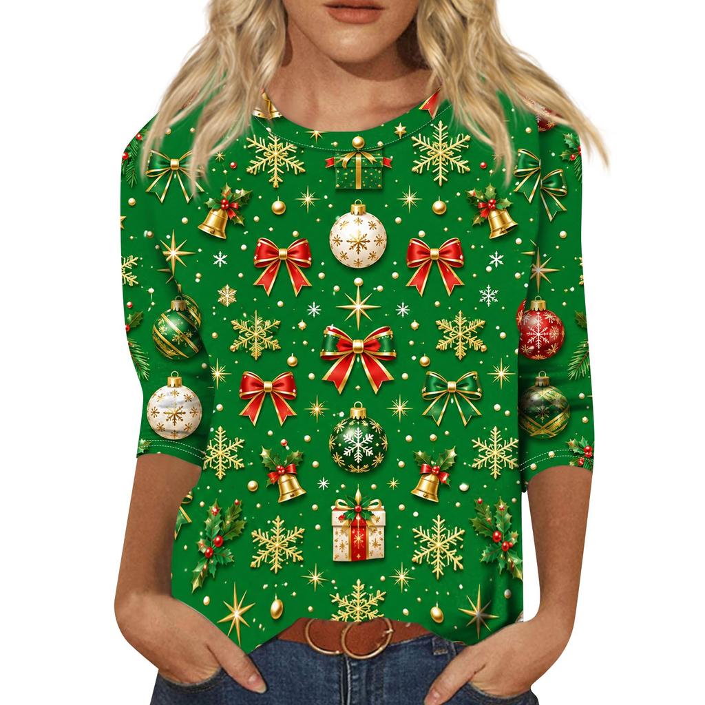 Women's Casual Christmas Print Neck Three-Quarter Sleeve T-Shirt for Everyday Wear