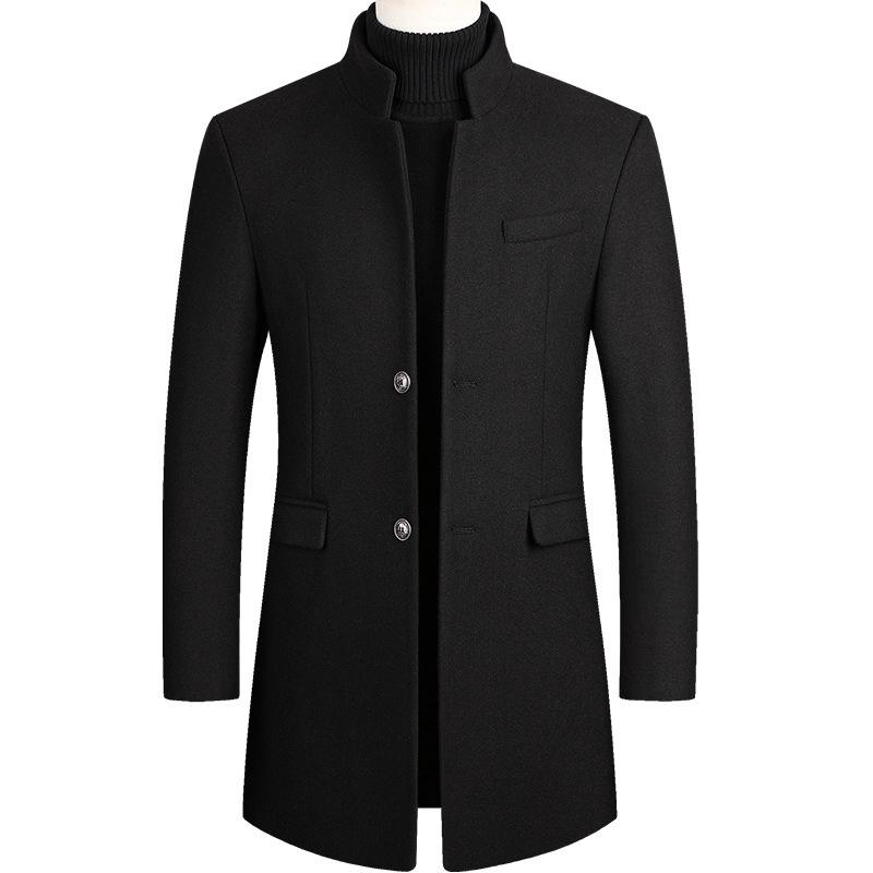 Men's Mid-Length Woolen Overcoat with Cotton Padding