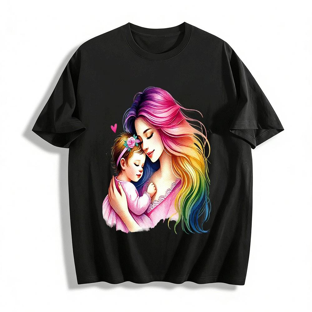 Warm Mother And Child Embrace Print Parent-child Outfits Pure cotton T-shirt XXS