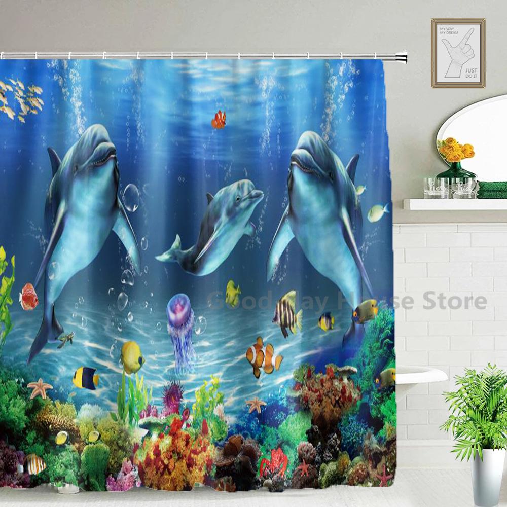 Perdea de duș 3D cu delfini pentru baie, impermeabilă, din țesătură poliesterică, perdea de baie pentru copii cu 12 cârlige, cortinas drăguțe, lavabilă, decor pentru casă