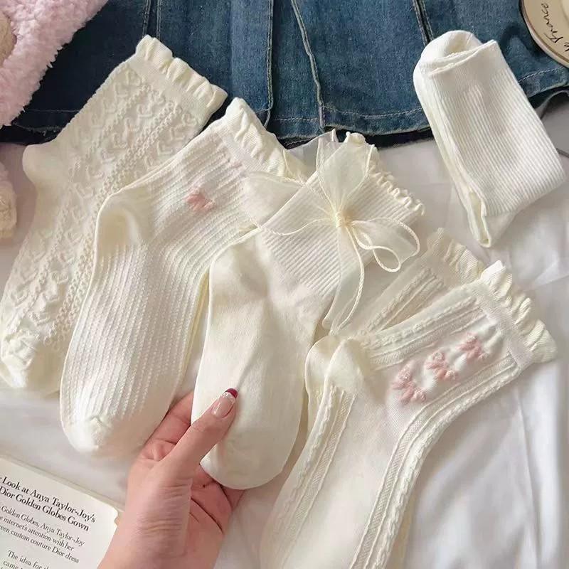 6 Pairs Women Butterfly Knot Mid Tube Socks Cute Lolita Jk Lace Heart Soft Comfortable Sweat Absorbing Breathable Casual Socks