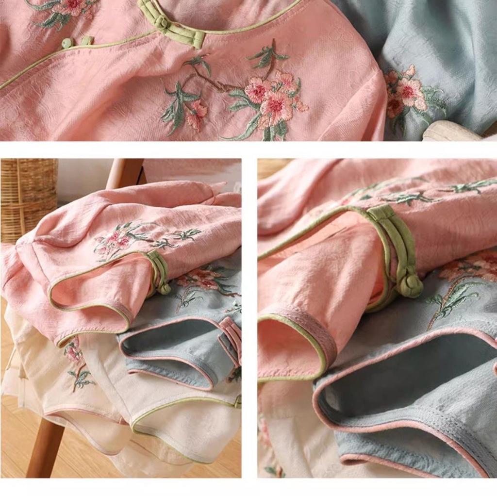 Literarisches Retro besticktes Baumwoll-Leinenhemd Sommer lässig Zen Tee Kleidung Hemd Top