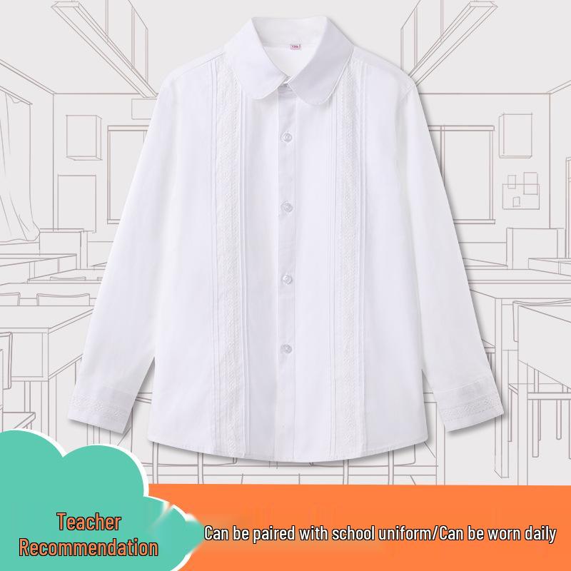 Girls' Long-Sleeve White Lace Shirt for Kids, 2023 - Pure Cotton School Uniform Blouse