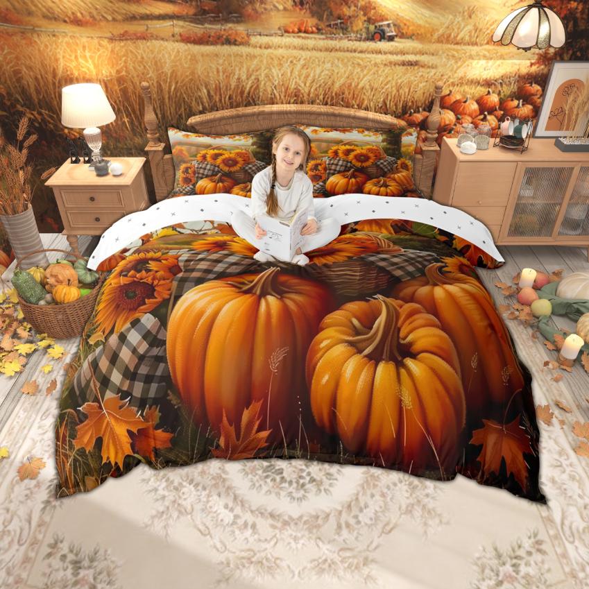 Homewish Harvest Pumpkin Duvet Cover Set Happy Fall'Y All Bedding Set Thanksgiving Theme Bed Set Room Decor