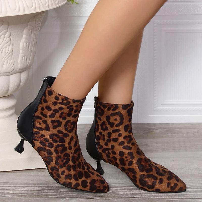 Damer Leopard Ankelstövlar Spetsig Tå Sexiga Klackar Höst Kort Plyschskor Trend Vinter Mocka Snöstövlar Dam Festpumps