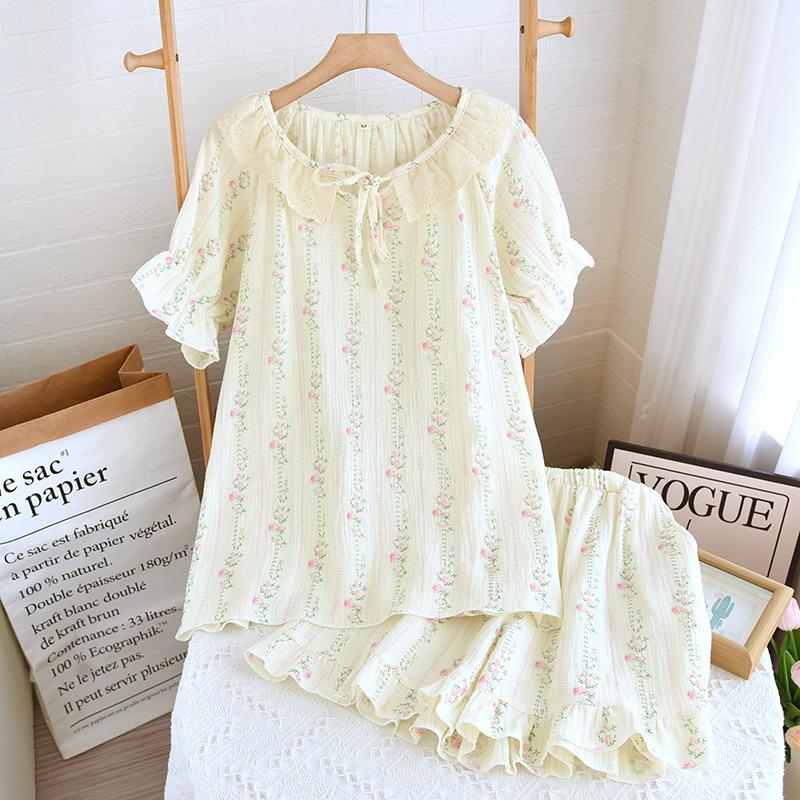 Summer new pajamas pure cotton cotton yarn floral short-sleeved shorts women's suit can be worn outside loose loungewear