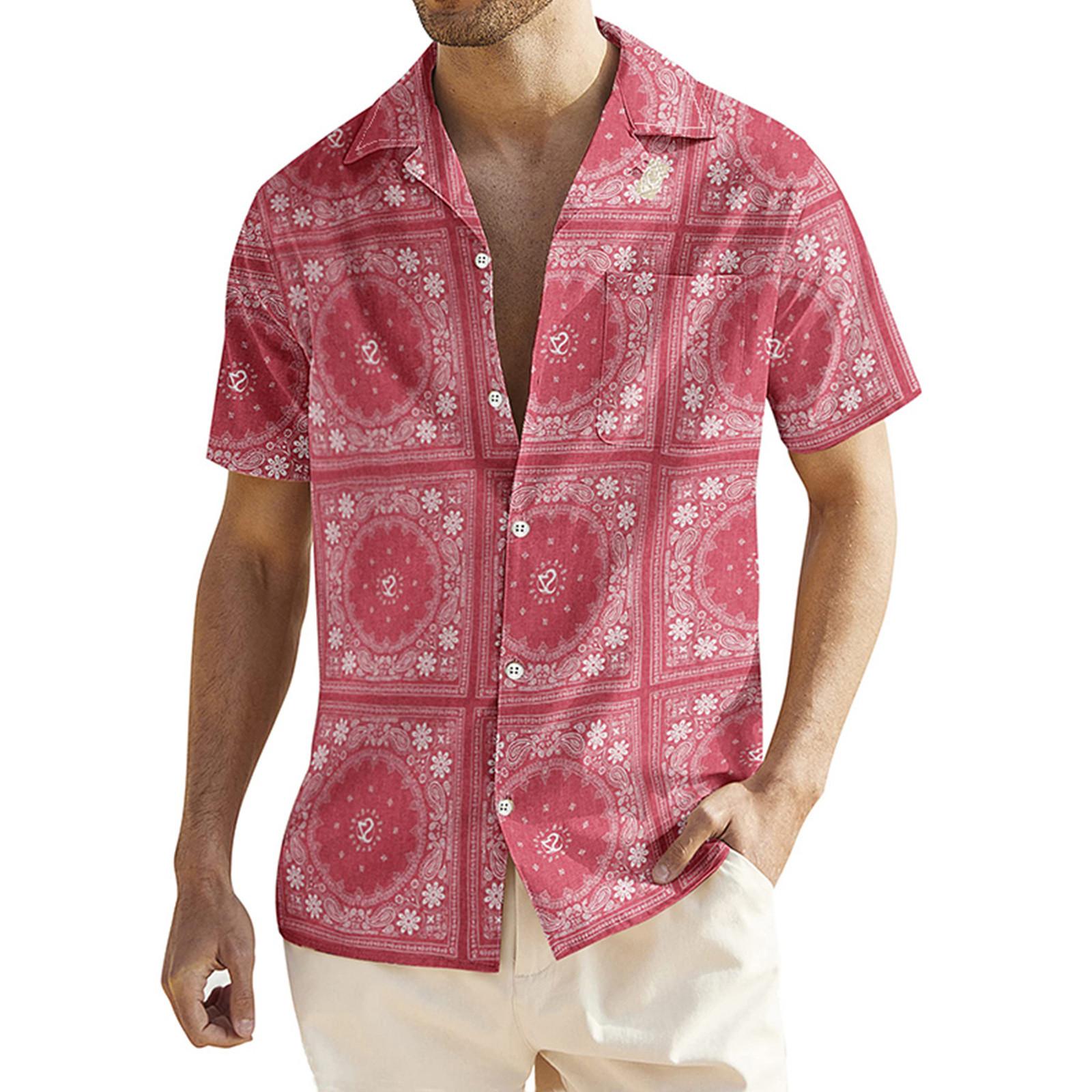 

Мужская мода в этническом стиле с коротким рукавом, повседневная гавайская рубашка с принтом, блузка, футболка L красный