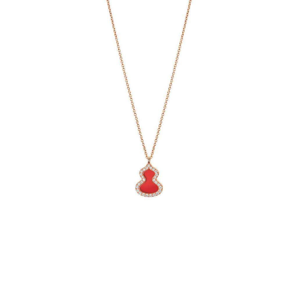 Elegant Women's 18K Rose Gold Gourd Necklace with Red Agate, Natural Jade, and Diamond Pendant.