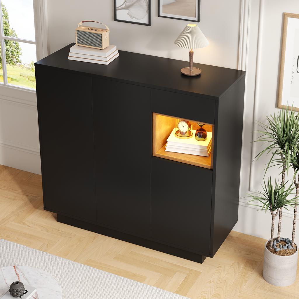 Shoe Cabinet with One Drawer and Adjustable Shelves In Black and Wood Is Perfect for Modern Hallways. It Offers Space for 14–18 Pairs of Shoes.