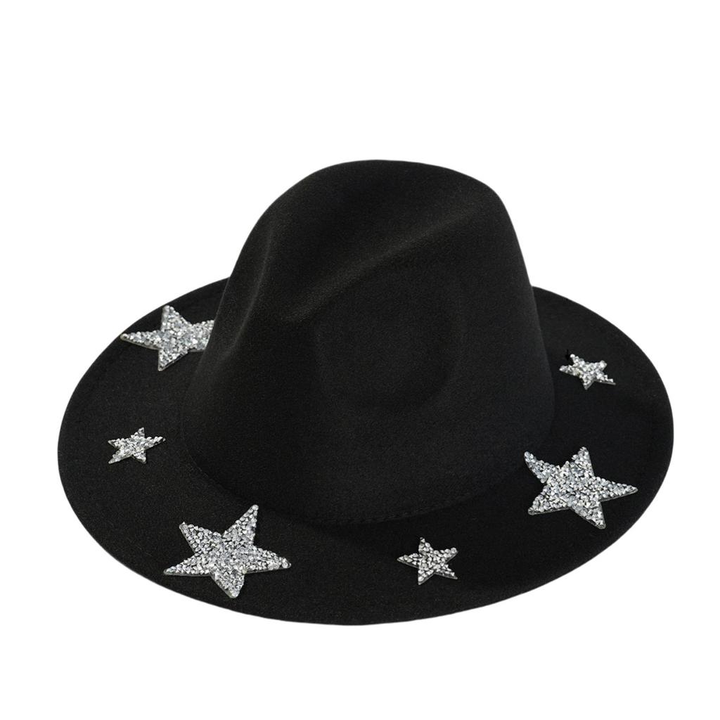 Independence Day Western Hat for Women Men Shiny Rhinestone Star Memorial Day Cowgirl Caps for Party Club Wide Brim Jazz Hats