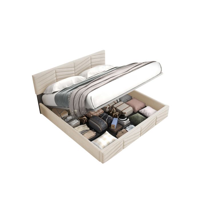 Lit capitonné - MUVOE - 140x200 cm - Tête de lit réglable - Velours beige - 2 places