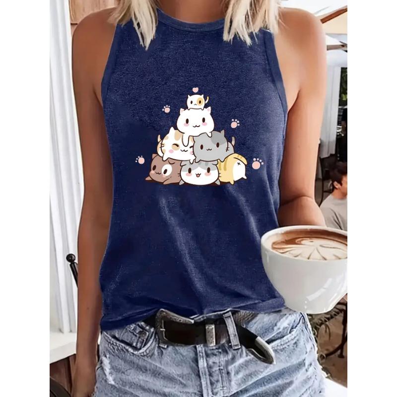

Женский жилет с мультяшным принтом, круглым вырезом, весенне-летняя повседневная майка без рукавов M темно-синий