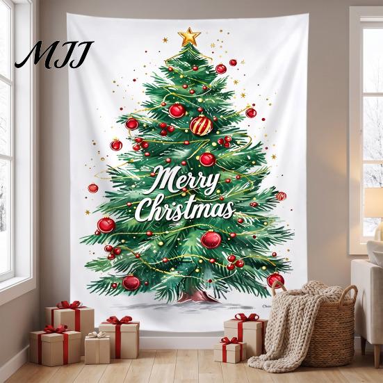 Indoor Holiday Wall Art Merry Christmas Tapestry, Hanging Fabric Backdrop, Xmas Tree Winter Seasonal Room Ornament for Living Room, Bedroom