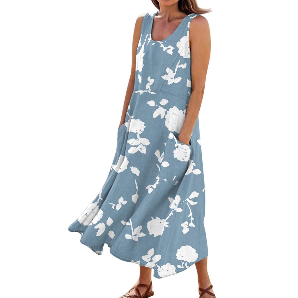 Women's Summer Casual Fashion Flower Printed Sleeveless  Pocket Dress