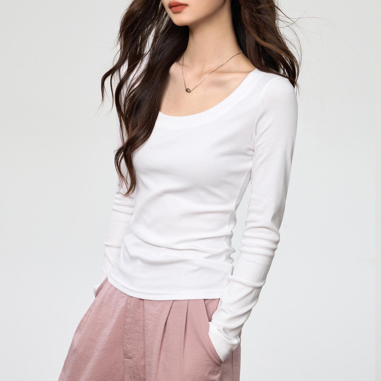 

Women s Combed Cotton U-Neck Long-Sleeve Slim-Fit T-Shirt - Autumn Fashion, Versatile Solid Color Top XL