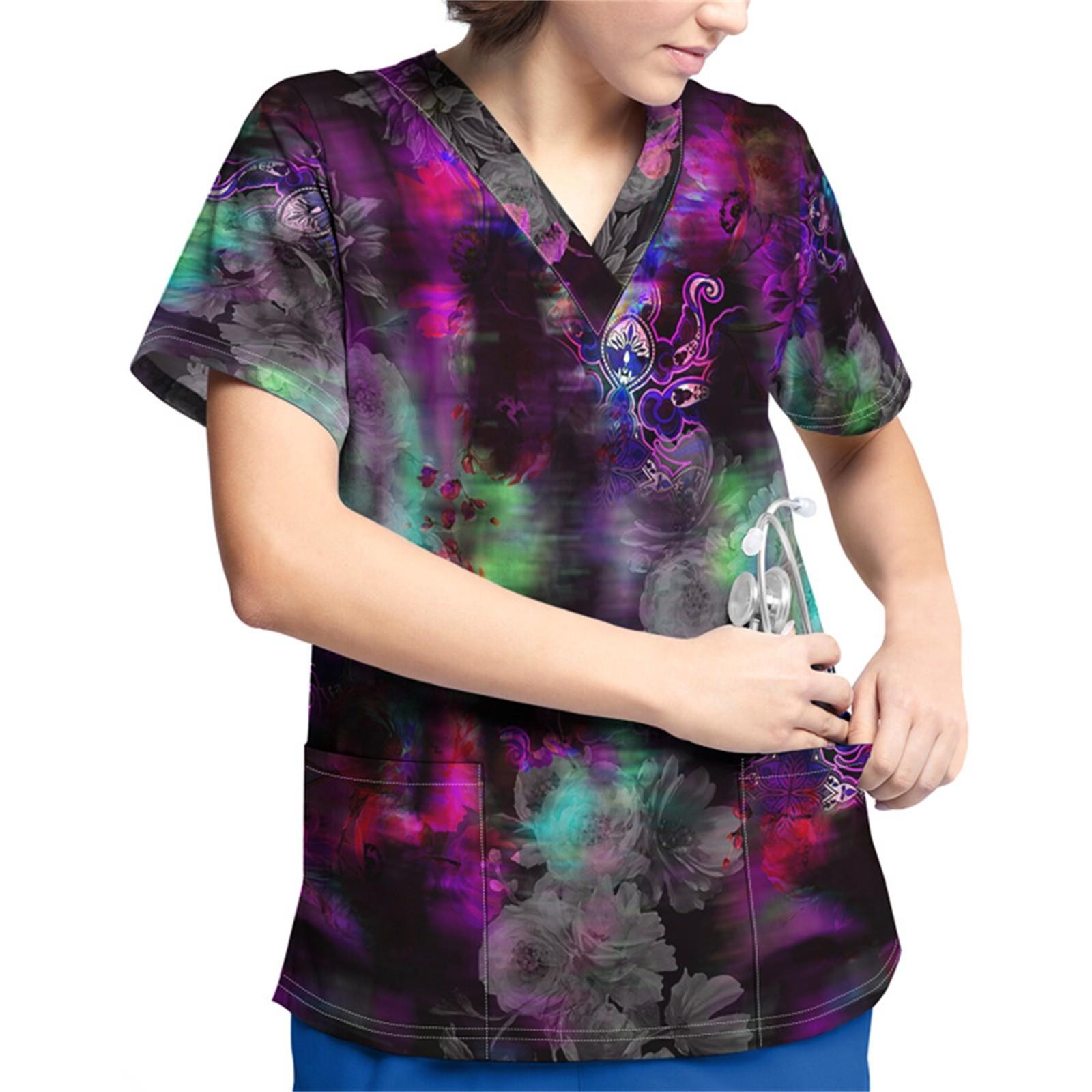 

Рабочая форма больших размеров с принтом, топы для женщин, футболки с v-образным вырезом и короткими рукавами, рабочая одежда, футболка с карманами S фиолетовый