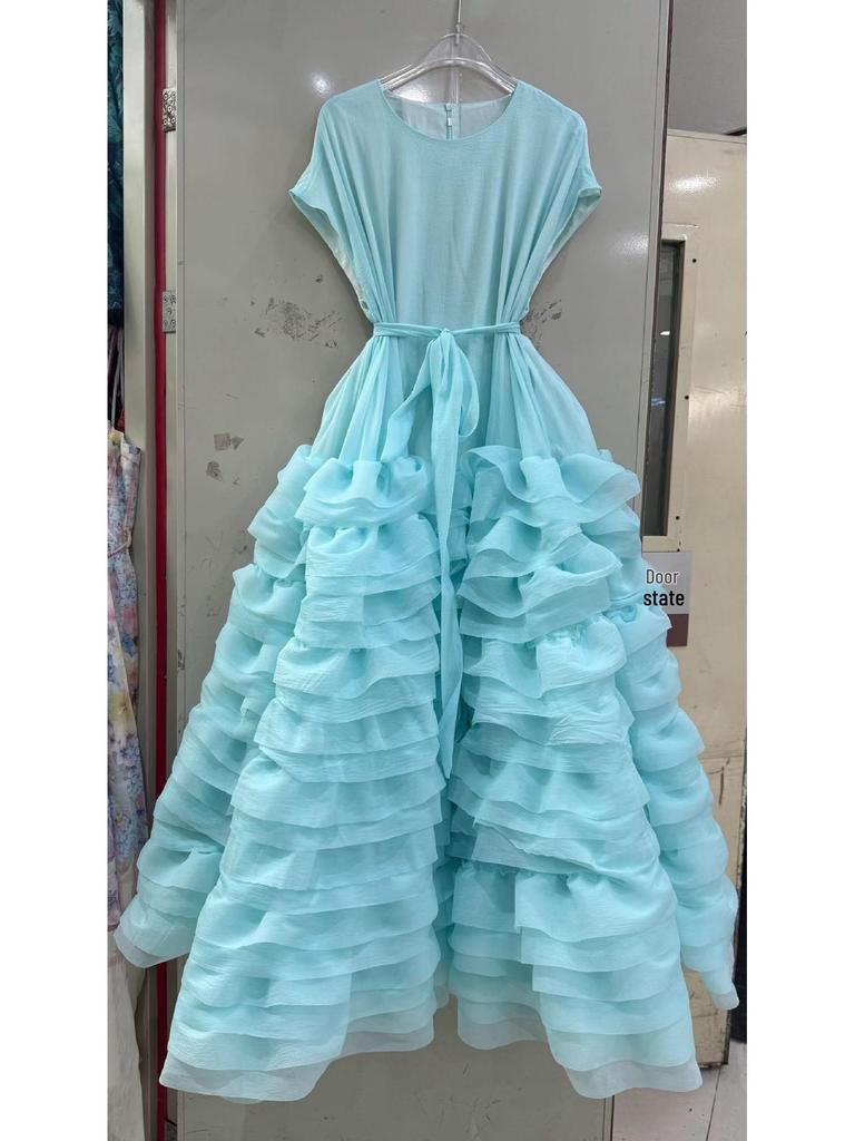 Elegant French Ruffle Waist-Cinching Patchwork Pleated Cake Skirt with Lace-Up Detail