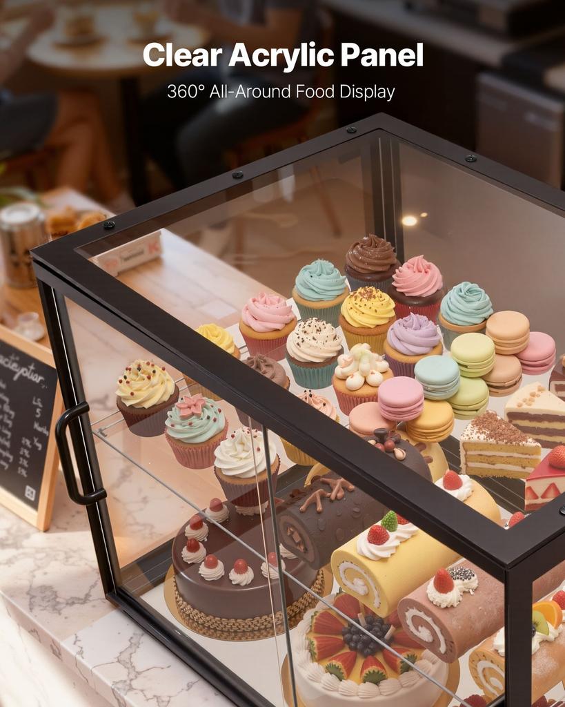 Bakery Display Case, 2-Tier Commercial Countertop Pastry Display Case, Clear Acrylic Bread Box for Kitchen, Party Cake Cabinet with Sliding Door for