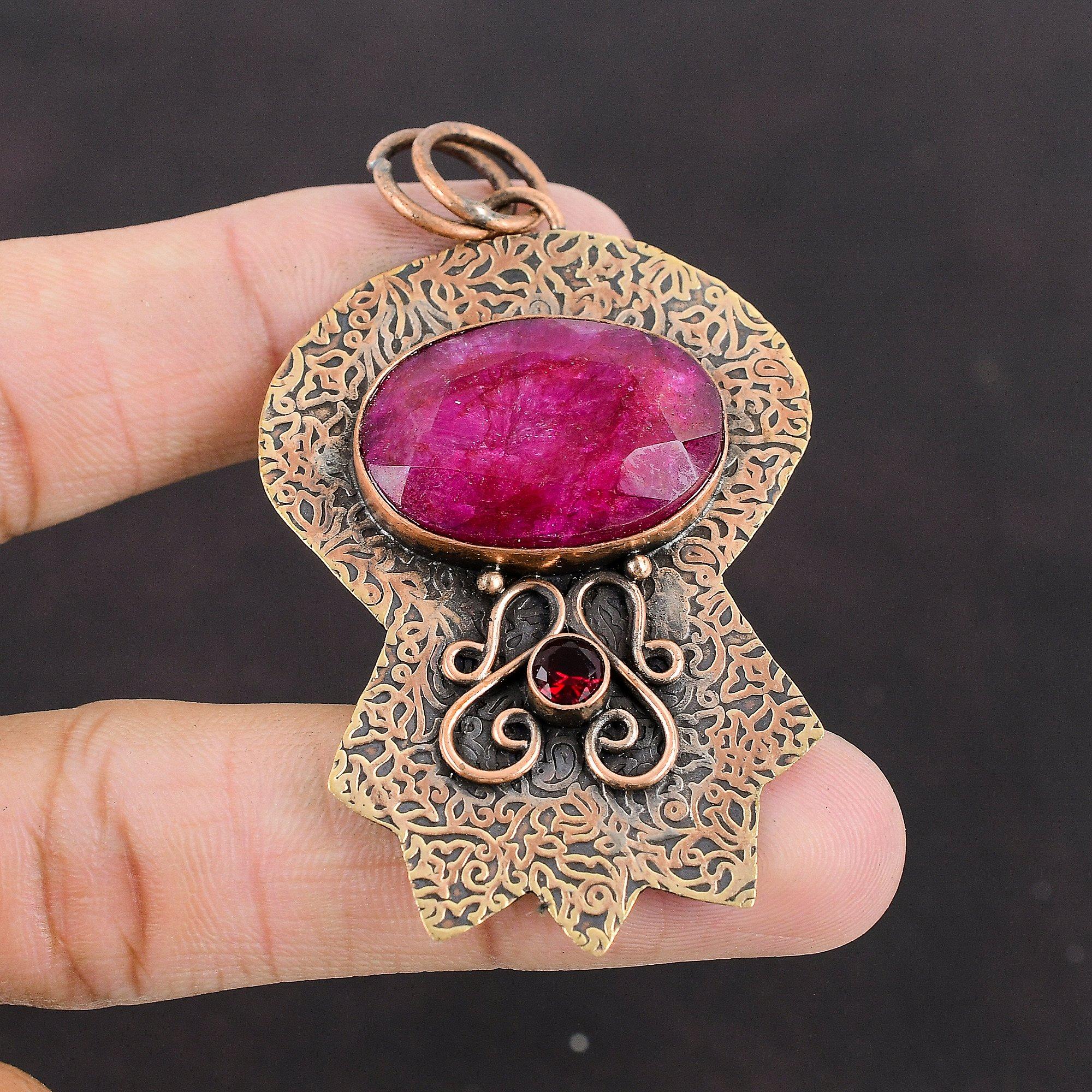 Faceted Kashmir Ruby Pendant Mozambique Garnet Pendant Gemstone Copper Pendant Handmade Elegant Pendant Gift For Her Amazing Copper Jewelry