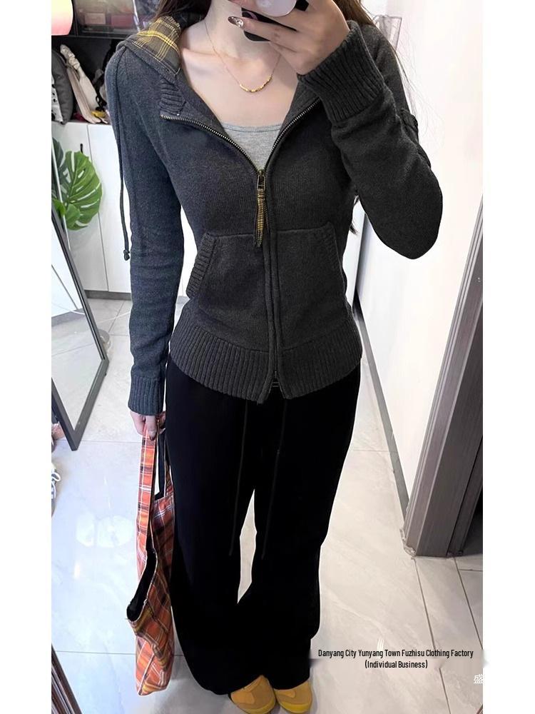 Damen Retro Kariert Slim Kapuzen Strickjacke Jacke - Koreanischer Stil für Frühling, Herbst, Winter