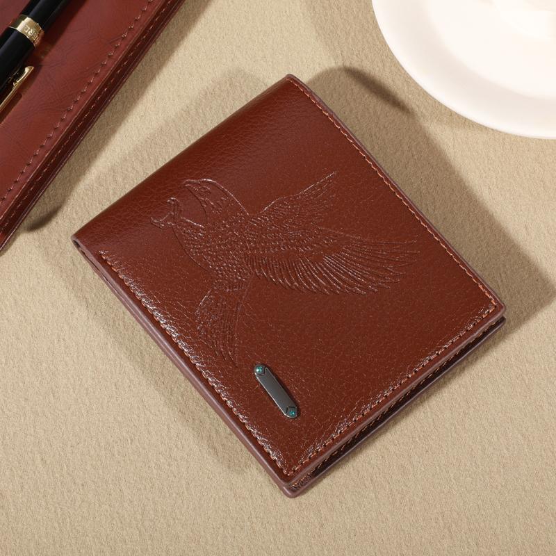 Eagle-Embossed Black PU Leather Men's Wallet: Waterproof & Scratch-Resistant with Plaid Detail, Large Capacity & Multiple Card S