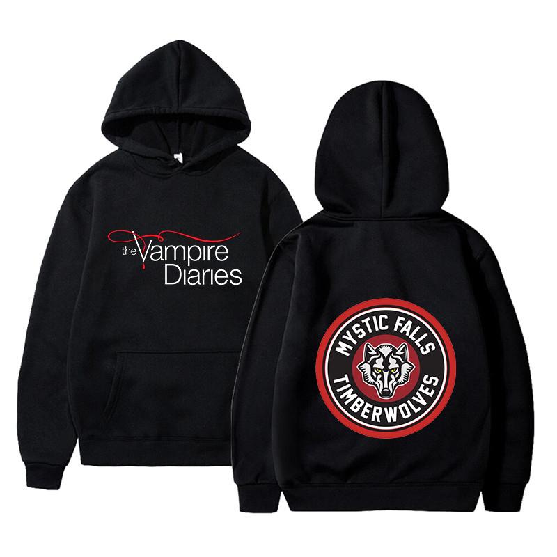The Vampire Diaries Print Hoodie Unisex Pullover TV Show TVD Damon Stefan Elena Character Graphic Hooded Sweatshirt Casual Long Sleeve Streetwear