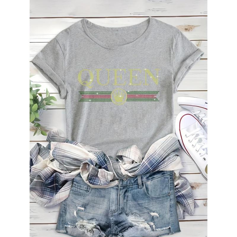 Rhinestone Queen Letter Print Comfortable and Soft Sports T-shirt Short Sleeve Causal Running Crew Neck Top Women's Activewear
