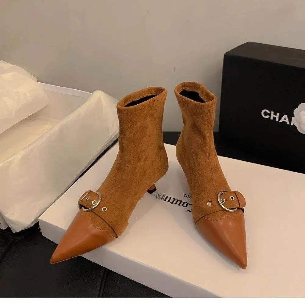 

French Style Cat Heel Pointed Toe Slim Short Boots Women s Shoes Autumn Winter New Style Elegantly High Heel Ankle Boots 35