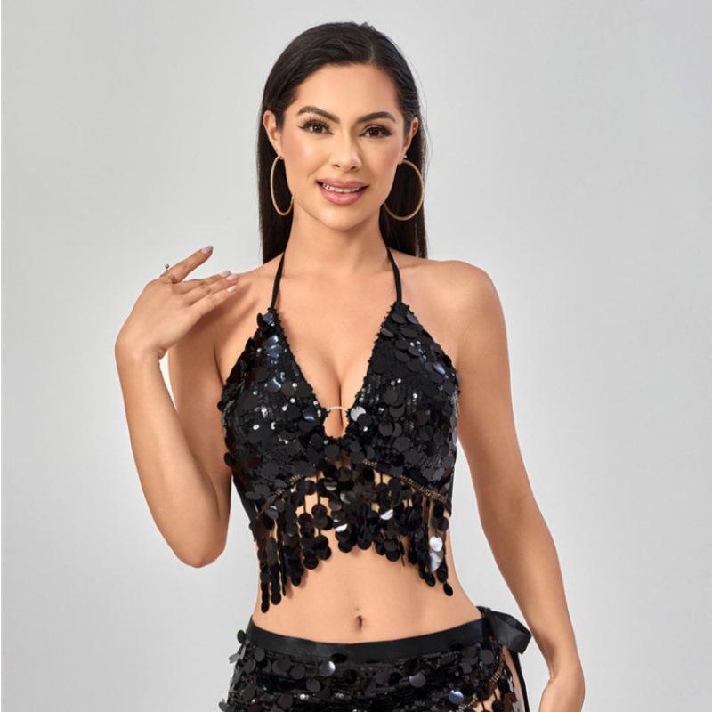 

2025 Европейский и американский ночной клуб Блестящий топ с бахромой для выступлений в танце на пилоне и танце живота One Size чёрный