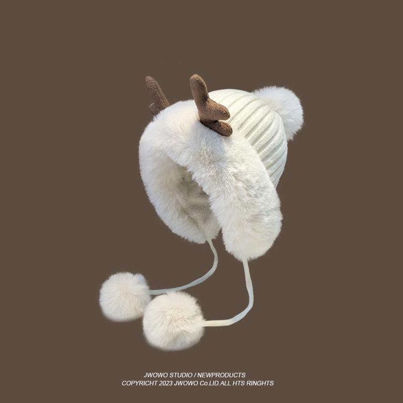 Women's Korean Style Plush Antler Pom-Pom Winter Hat with Ear Protection