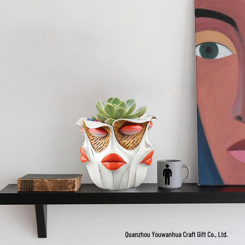Abstract Red Lips Face Flower Pot: Resin Ornament for Courtyard, Balcony, or Garden Bonsai.