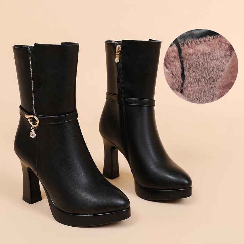 7.5cm 9.5cm Elegant Comfortable Soft Leather Boots Winter Shoes 2025 Women's Block High Heels Warm Plush Mid Calf Boots for Mom