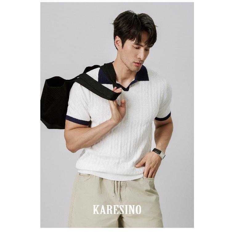 

Summer Breathable Italian Style Color Block Mature Trendy Men s Polo Shirt V-Neck Elastic Jacquard Texture Slim Fit Short Sleeve Knitted M білий