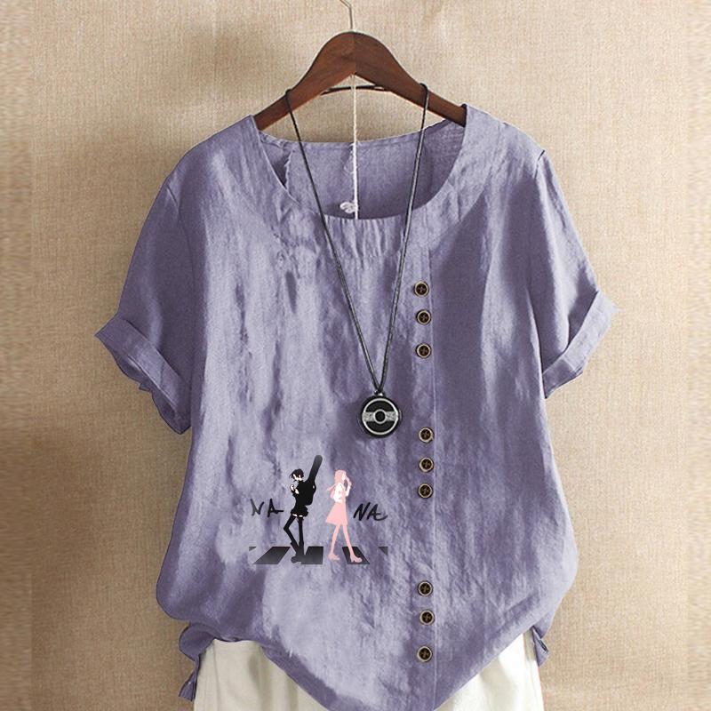 Women's Fashion Round Neck Short Sleeve T-shirt Casual Cotton Linen Graphic Shirt Leisure Loose Missing Two People Prined Summer Blouse Tops