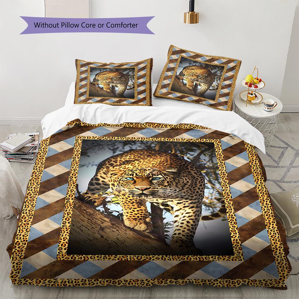 Lepoard Puzzle Pattern Bedding Quilt Set Quilt Cover Pillowcase Home Decoration Birthday Gift (1 * Duvet Cover + 2 * Pillowcase, Without Core)