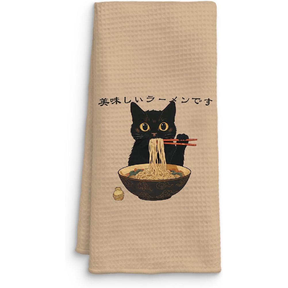 Funny Black Cat Kitchen Towels Set of 2, Sushi Cat Lover Gifts Dish Towels, Japanese Ramen Noodles Sushi Black Kitty Decorative Hand Towels 16x24 Style2