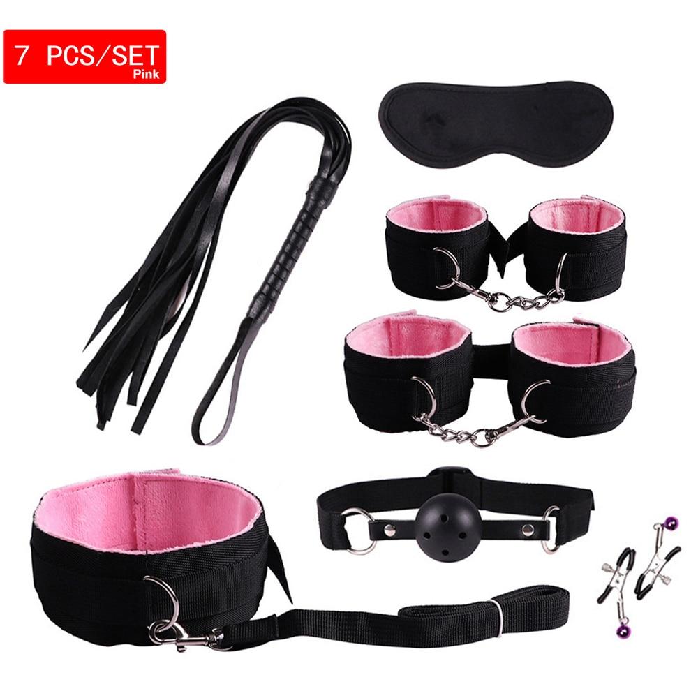 7 Piece/Set BDSM Sexual Bondage Adult Female Sex Toys Sex Handcuffs Leather Whip Nipple Clips Blindfolds Gag Balls Sex Toys